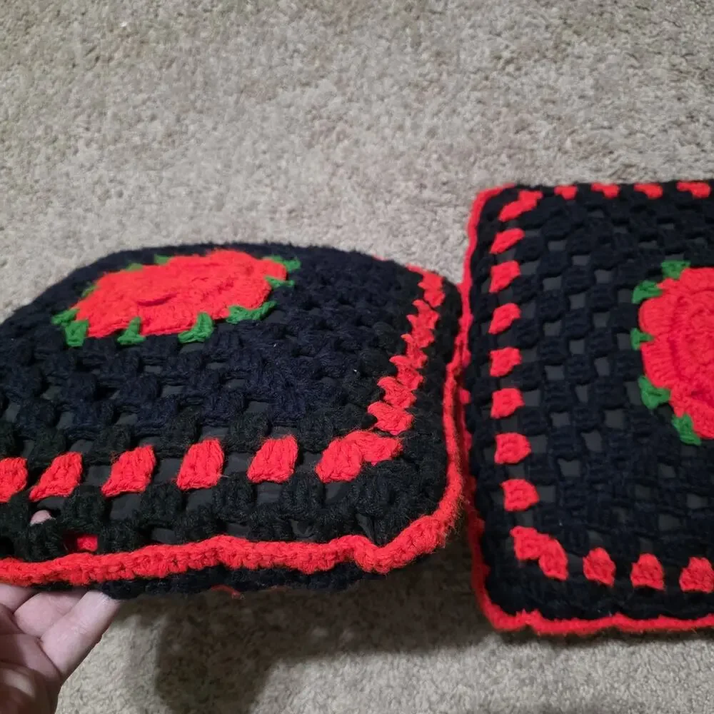 Handmade Crocheted Granny Square 3D Rose Floral Afghan Blanket 57”X38” & Pillow
